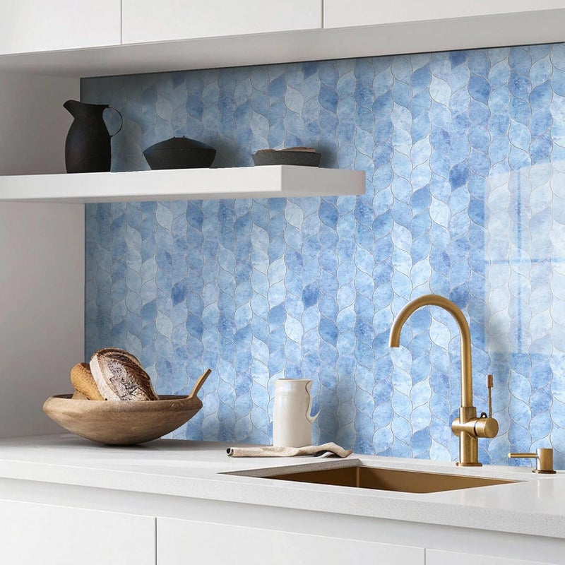 Tilingview 10-Sheet Peel and Stick Backsplash Tile for Kitchen, Self-Adhesive Mosaic Glossy Leaf Stick on Wall Tile with Gaps (Sky Blue) - Image 3